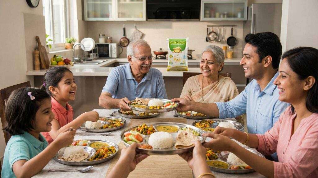 Happy multi-generational Indian family enjoying healthy meal cooked with NutriGlow Refined Soyabean Oil